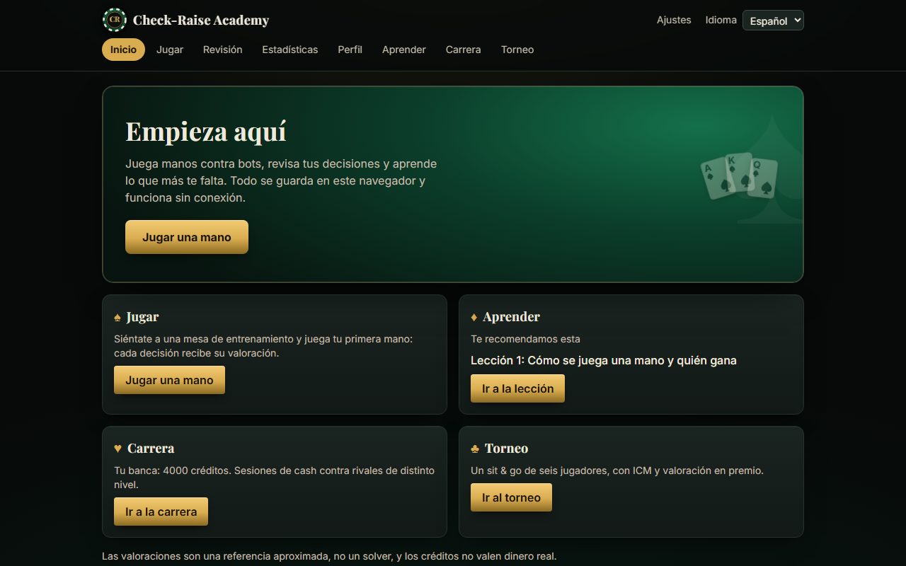 La pantalla de inicio con los cuatro apartados